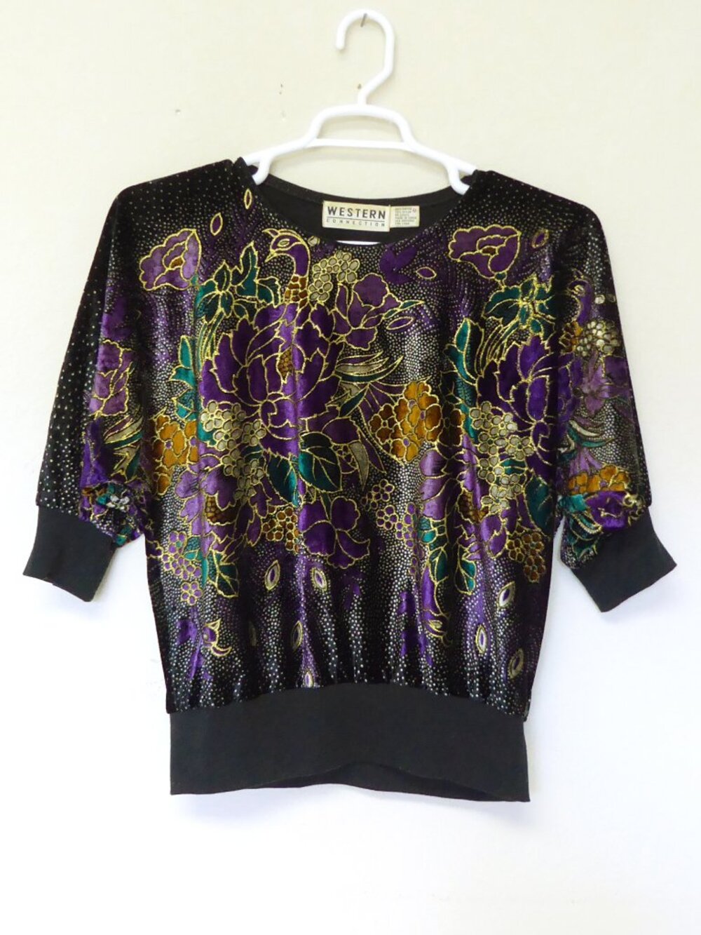 1980s Vintage Western Connection black gold purple bird flower velvet sweater M